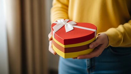 Person holding a heart shaped gift box with white ribbon