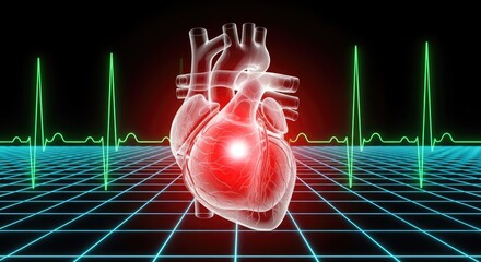 Glowing transparent human heart with vibrant electrocardiogram pulse line and digital grid background symbolizing medical health