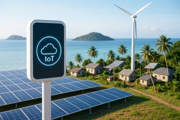 Smart IoT device in tropical village with solar panels and wind turbine promoting clean energy technology on island background with clear skies. Ai generative