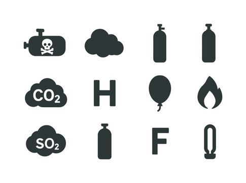 Chemical Gases Icons. Chemical gases. Solid icon set of Chemical gases: chlorine bottle, ammonia cloud, nitrogen tank, oxygen cylinder, carbon dioxide icon,