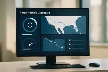 Cargo tracking dashboard on computer screen showing transport data and delivery routes in office with soft background lighting and modern design. Ai generative