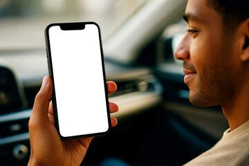 Man holding smartphone with blank white screen inside car, ideal for mobile app mockup, branding, or presentation display template use. Ai generative