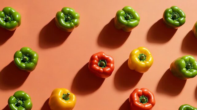 Colorful peppers arranged on a flat surface with shadows and bright colors during daylight