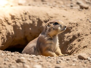 Cute prairie dog sitting by burrow in sunny desert landscape