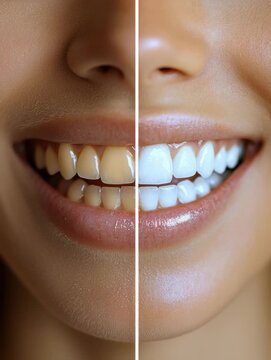 Showing teeth whitening results with before and after images in a simple comparison on a person's face in a clear setting