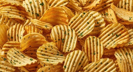 Golden ridged potato chips generously seasoned with vibrant green herbs spread across the frame, creating an appetizing and crunchy snack food background
