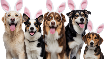 Easter sunday dogs in bunny ears on isolated transparent background