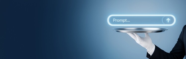 Futuristic prompt input bar concept on silver tray held by gloved hand over blue background, symbolizing AI assistance and technology service.