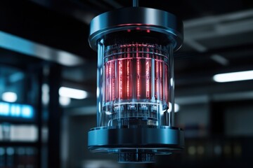 High-tech energy core displayed in a futuristic laboratory setting at night
