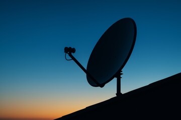 Satellite dish silhouette on rooftop at sunset sky with gradient background and soft light, showing creative communication technology concept. Ai generative