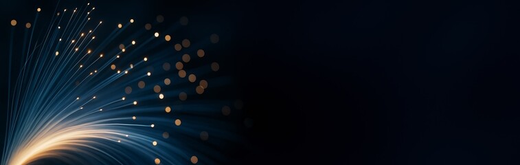 Glowing fiber optic light strands with golden bokeh on left side and dark empty space on right side for banner or poster design concept background. Ai generative