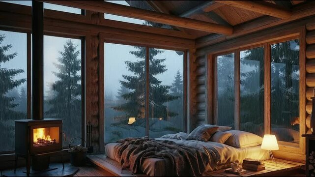 Cinematic shot of a luxurious log cabin bedroom during a rainstorm, featuring a cozy fireplace, massive windows overlooking a foggy pine forest, and a warm, tranquil atmosphere.