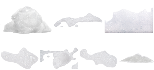 close-up photograph of various textured white soap foam and suds bubbles isolated on a stark transparent background, ideal for overlays and product designs.