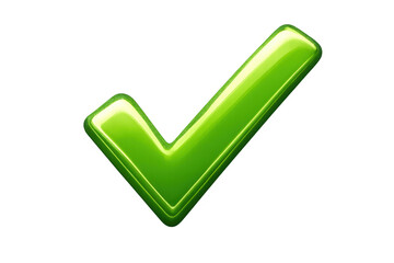Green glossy check mark icon showing success, approval, validity, and completion on transparent background