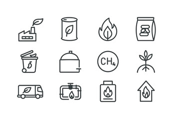 Obraz premium Biomass Icon Set. Biomass & Bioenergy. Line icon set of Biomass & Bioenergy: biomass plant, biofuel tank, leaf flame icon, pellet bag, organic waste bin,