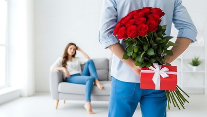 Man Surprising Woman with Red Roses and Gift Box in Modern Living Room