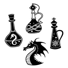 Fantasy potion bottles and dragon illustration