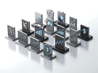 Financial Growth Icon Display: A meticulously crafted collection of financial icons, symbolizing various aspects of economic expansion and monetary trends, is arranged in a visually engaging display.