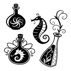 Decorative bottles and seahorse silhouettes