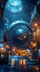 Massive turbine in a futuristic industrial setting with blue and orange light