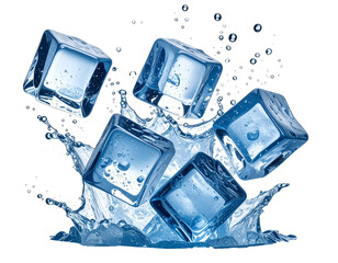 Falling ice cubes with water splash isolated on white background transparent