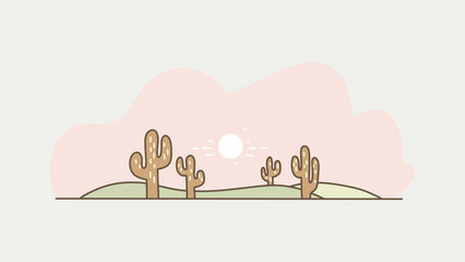 A serene desert landscape with multiple cacti under a soft, hazy sun, evoking a sense of calm and natural beauty © Sixer's Design