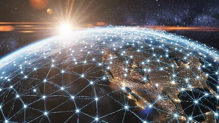 Globe with network connections and sun rising in the background at night - Powered by Adobe