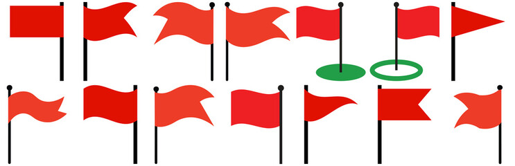 a diverse graphic collection of red flags, including warning symbols and golf course markers, isolated on a dark background.