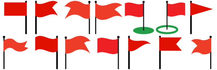 a diverse graphic collection of red flags, including warning symbols and golf course markers, isolated on a dark background.