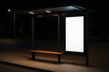 Night bus stop with bright blank advertising display and empty bench on quiet street for branding or presentation mockup concept layout design. Ai generative