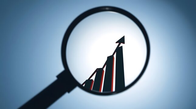 Low angle perspective of a business growth chart through a magnifying glass, rendered in a modern flat design with simple two-dimensional