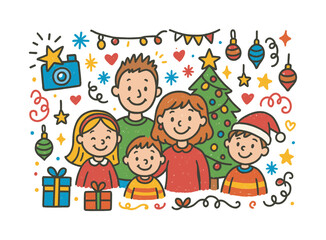 Festive Family Doodle. Festive Family Photo. Colorful Hand-drawn doodle Children illustration Christmas tree, camera flash, ornaments, gifts, stars,