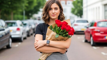 Young woman holding bouquet of roses on city street