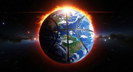 Our planet Earth depicted as a basketball with visible continents and an intense fiery glow against a dark starry cosmos symbolizing worldwide athletic competition.