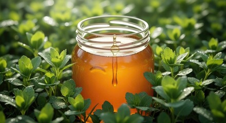 Pure golden honey in a clear glass jar with a wooden dipper dripping sweet liquid, nestled among lush green foliage with water droplets under natural light