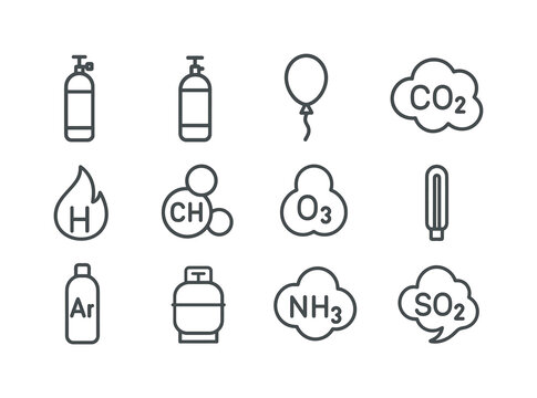 Gases Icon Set. Gases. Line icon set of Gases: oxygen cylinder, nitrogen tank, helium balloon, carbon dioxide cloud, hydrogen flame icon, methane bubble, ozone
