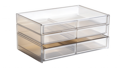 Clear acrylic storage organizer with multiple drawers and compartments for storing makeup and accessories on transparent background