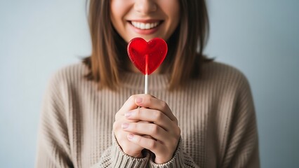 Smiling woman holding heart shaped lollipop in her hand sweetly
