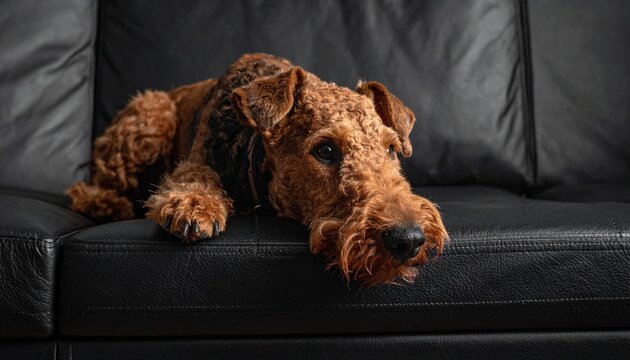 Airedale Terrier Dog Relaxing on a Black Leather Couch, Portrait View.