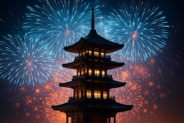 Traditional Japanese pagoda illuminated at night with colorful fireworks lighting up the sky in the background during a festive celebration.