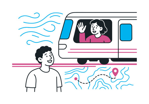 Bittersweet Goodbyes. Friendships and life transitions ? moving away. One friend waves from a train window as another smiles below; abstract wind and map lines