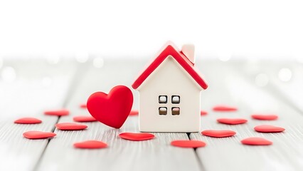 Charming white house with red roof and heart decoration on wooden table