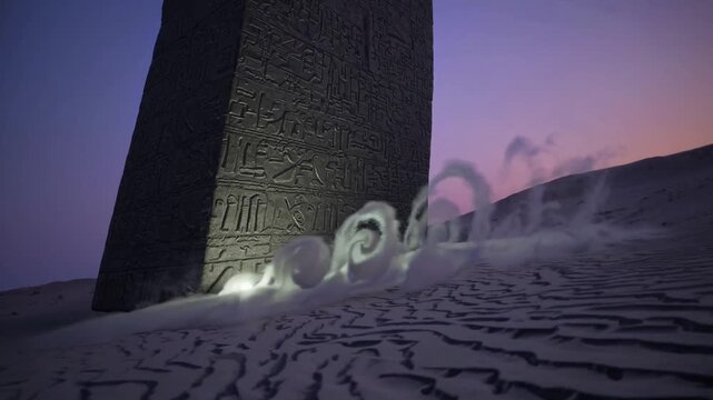 obelisk carved with hieroglyphs at twilight, windblown sand ripples around base, glowing vapor swirls, purple dusk sky, mysterious sacred atmosphere, cinematic archaeological vibe