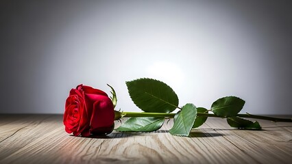 Single red rose on wooden floor with green leaves and soft lighting