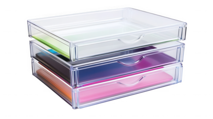 Stack of three clear plastic drawers with different colored objects inside on transparent background