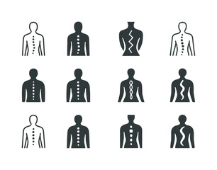 Postural Alignment Icons. Postural alignment. Icon set. Set Logo of Postural alignment: spinal column. harmonious logo variations of the same emblematic