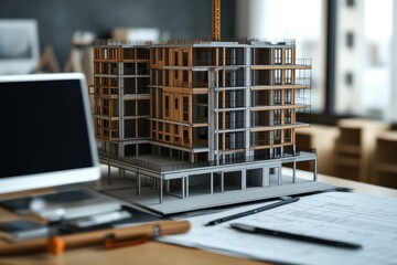 Architectural model of a modern building displayed on a workspace in a design studio