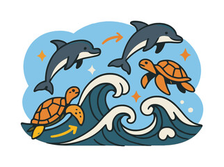 Obraz premium Oceanic Harmony. Waves and wildlife. Sea turtles and dolphins leap between stylized wave arcs under a clear blue sky. Arrows and sparkles highlight harmony in