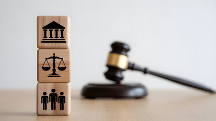 Family law and justice icons on wooden blocks with judge gavel