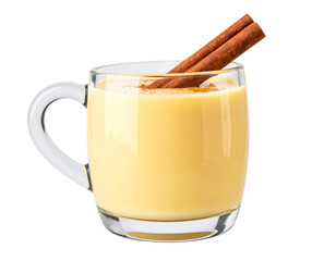 Classic Festive Eggnog with Cinnamon Stick, Steaming in Glass Mug, Isolated on Transparent Background